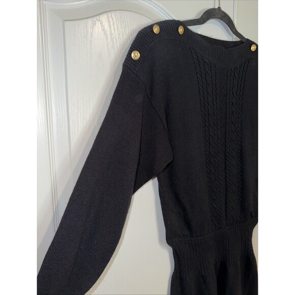Vintage Plain Jane Sweater Dress Black Gold Buttons Cable Knit 80s 90s Classic M - Picture 2 of 14